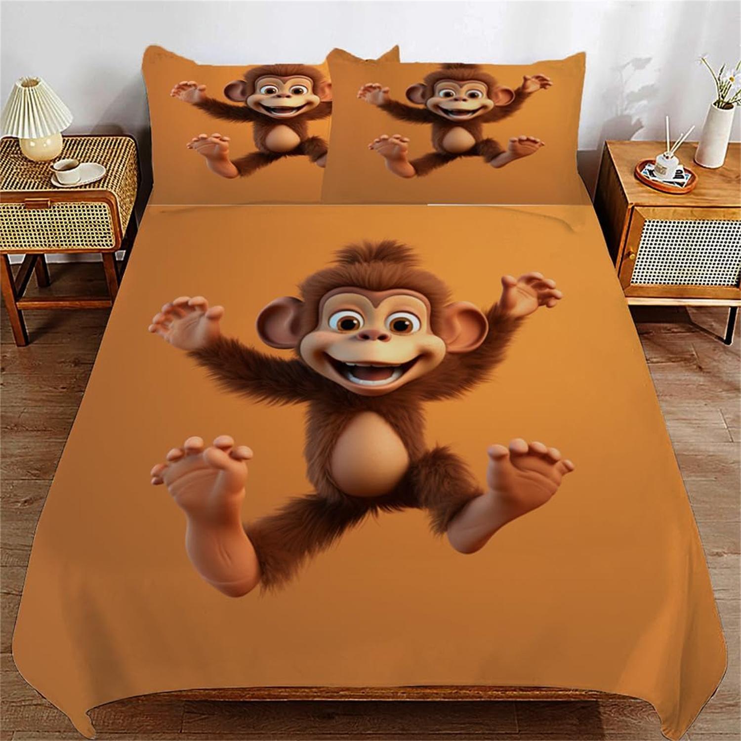 Ensemble de housse de couette simple pour enfant motif singe, Housse de couette en microfibre Linge de lit doux et taies d'oreiller 75*50cm Queen King Textiles de maison 100×135cm&Duvet Cover