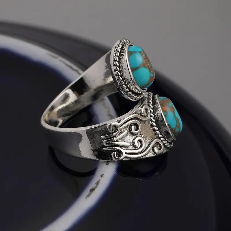 Huitan Vintage Style Opening Ring Female Anniversary Party Accessories Retro Blue Imitation Turquoise Stones Finger Jewelry Gift