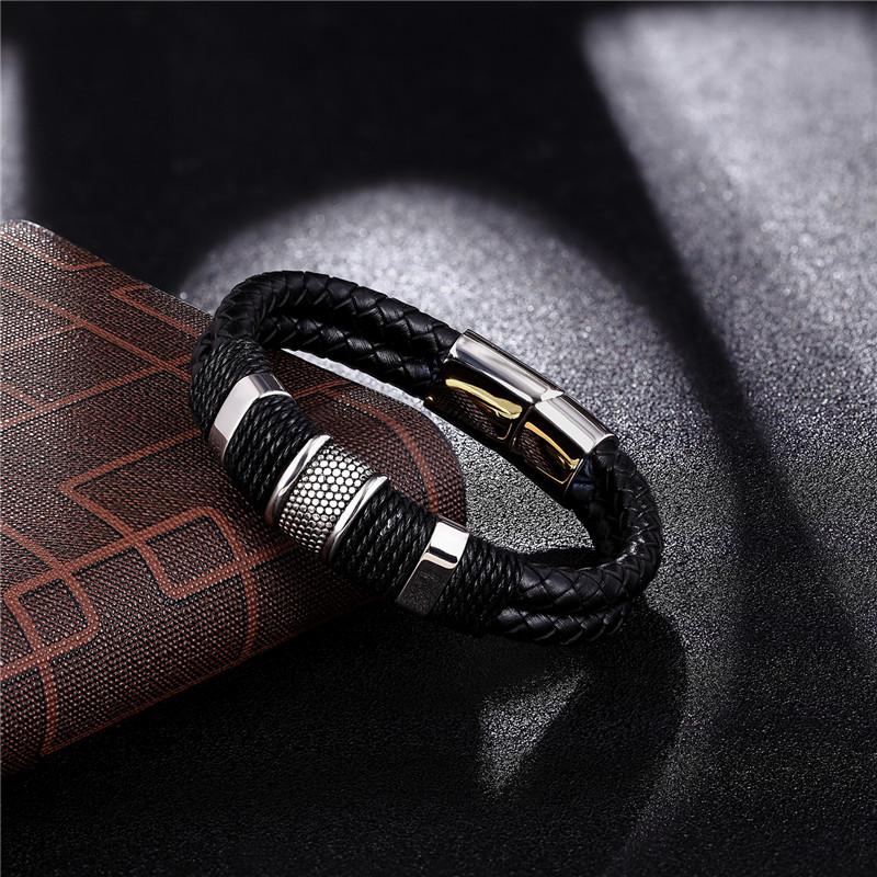 Punk Men Jewelry Black/Brown Braided Leather Bracelet Stainless Steel Magnetic Clasp Bangles 19/21/23cm