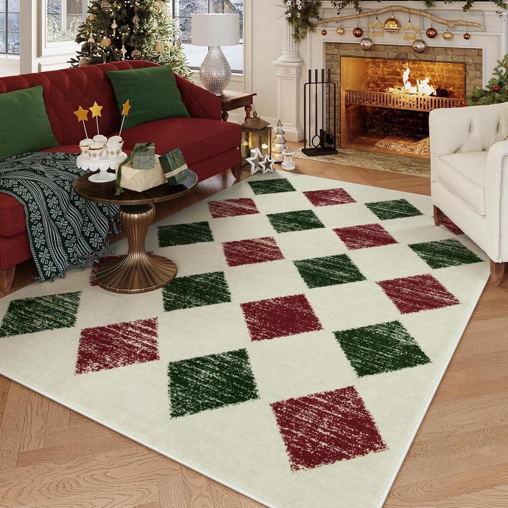 VIKAMA Kerst Sneeuwvlok Vloerkleed Rood Zwart Buffalo Plaid Wasbaar Antislip Anti Slip Tapijt Slaapkamer Woonkamer Woondecoratie