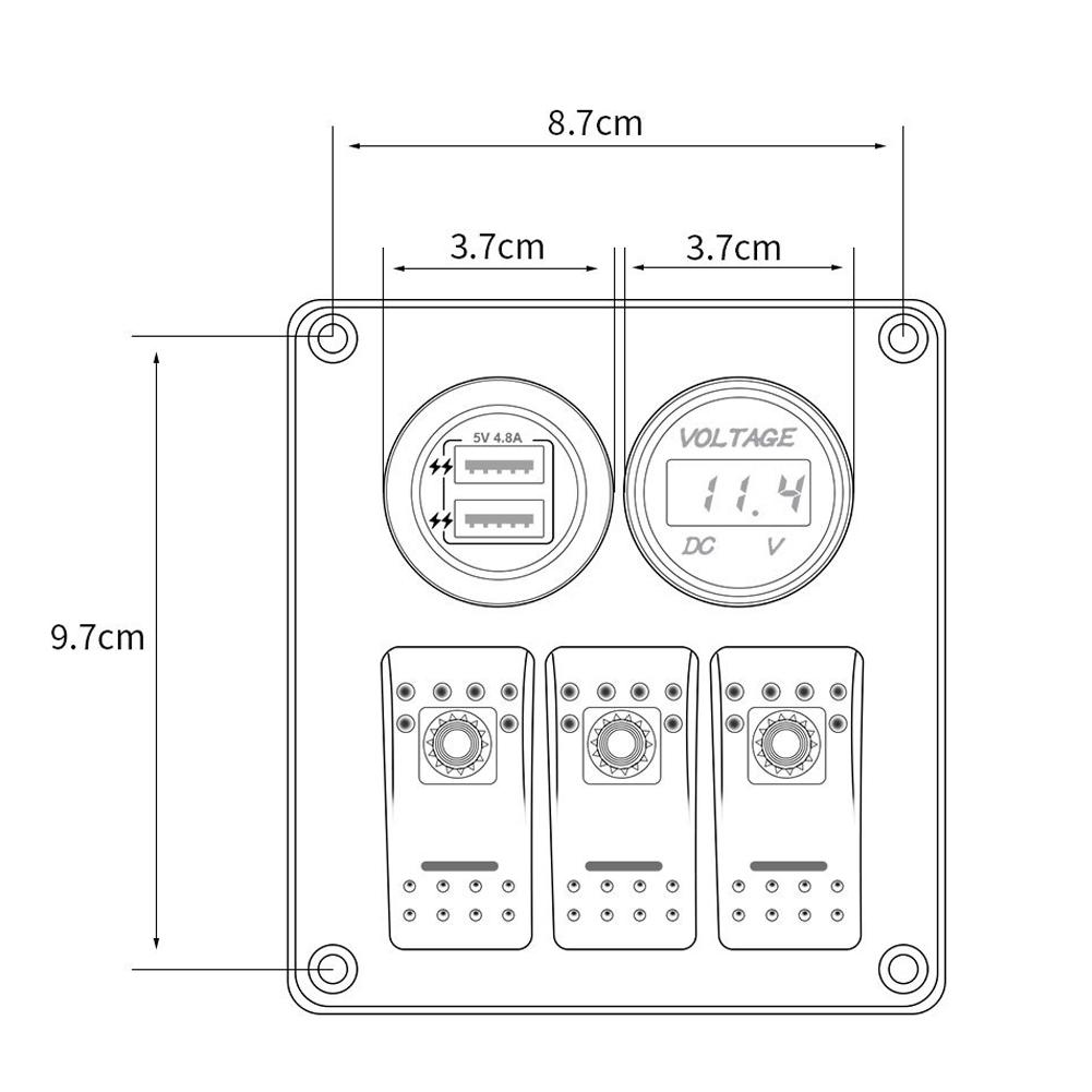 Multifunction 3 Gang Rocker Switches Panel with Voltmeter Display 4.8A Power Charger for RV BoatGreen Light