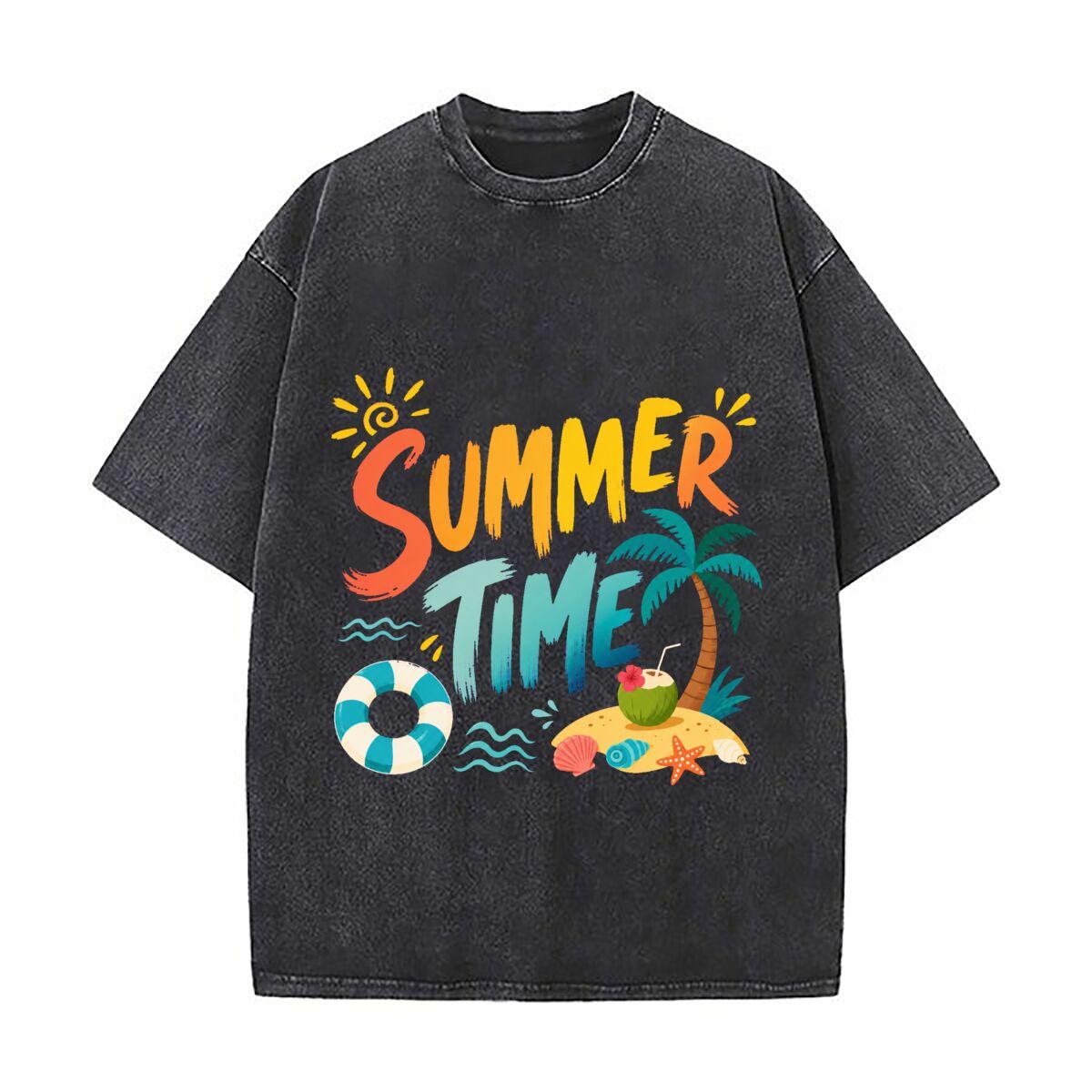 Tropical Summer Time Beach Lettering Retro Washed Distressed T Shirt Men Summer Casual Short Sleeve M