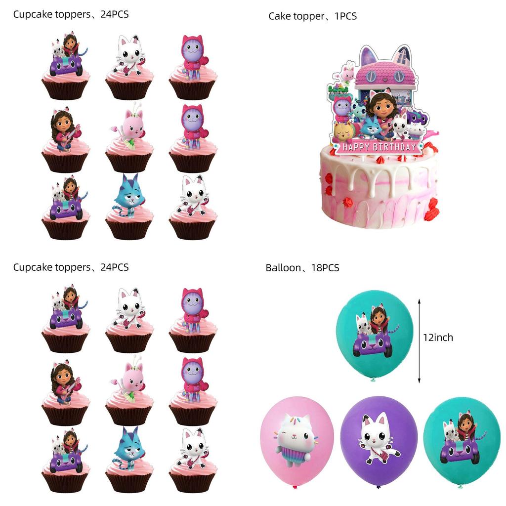 Gabbys Dollhouse Kids Birthday Party Supplies Decor Set With Durable Balloons And Colorful Flags