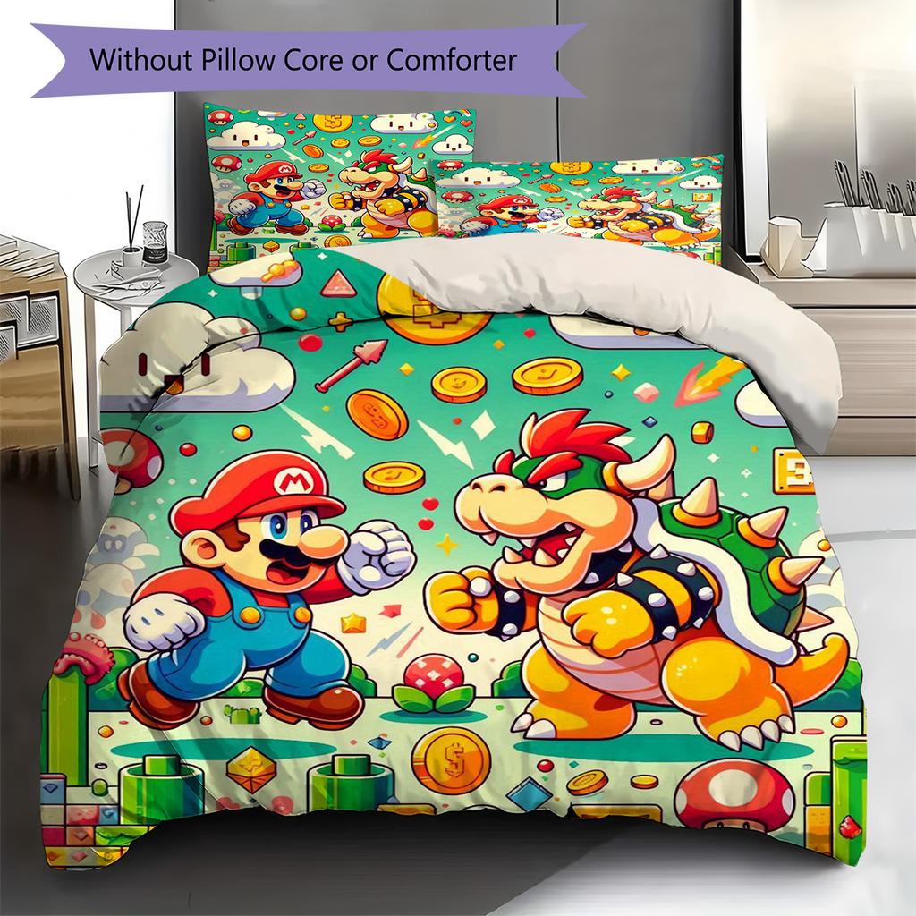 Retro Mario Bros Duvet Cover Set Polyester Soft Microfiber Comforter Cover Pillowcases for Bedroom Sofa -QJY