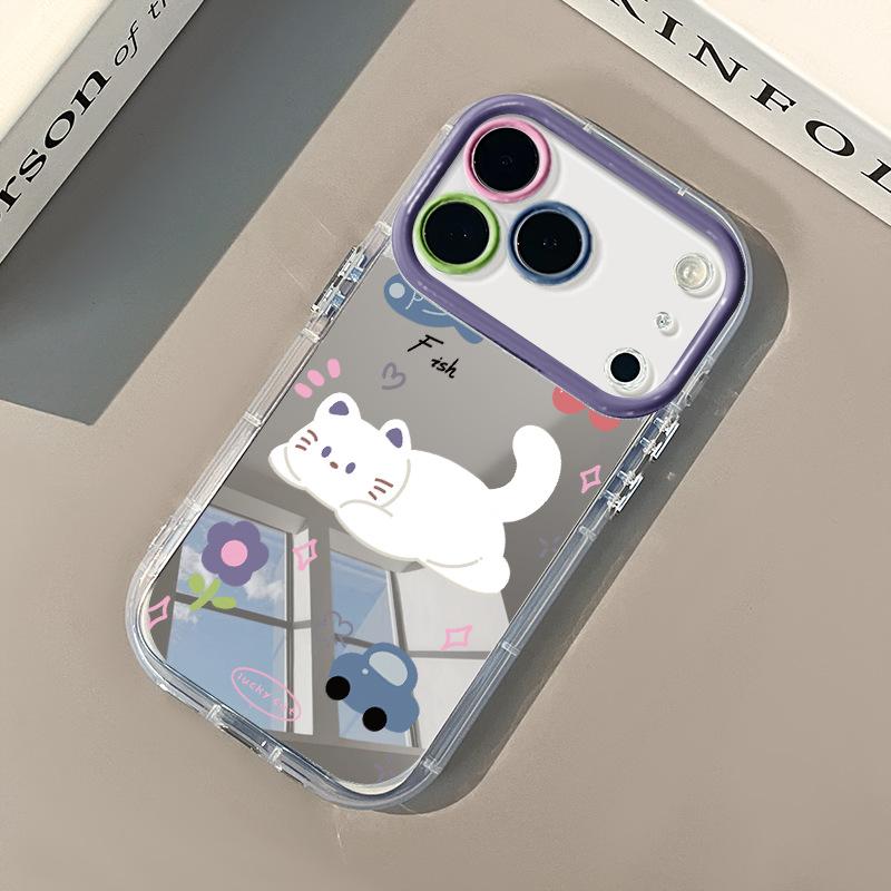Лежащий белый кот для iPhone17promax Крем Зеркальный чехол для телефона Масло 16 Совершенно новый 15 Мультяшный 14 For  Apple 6