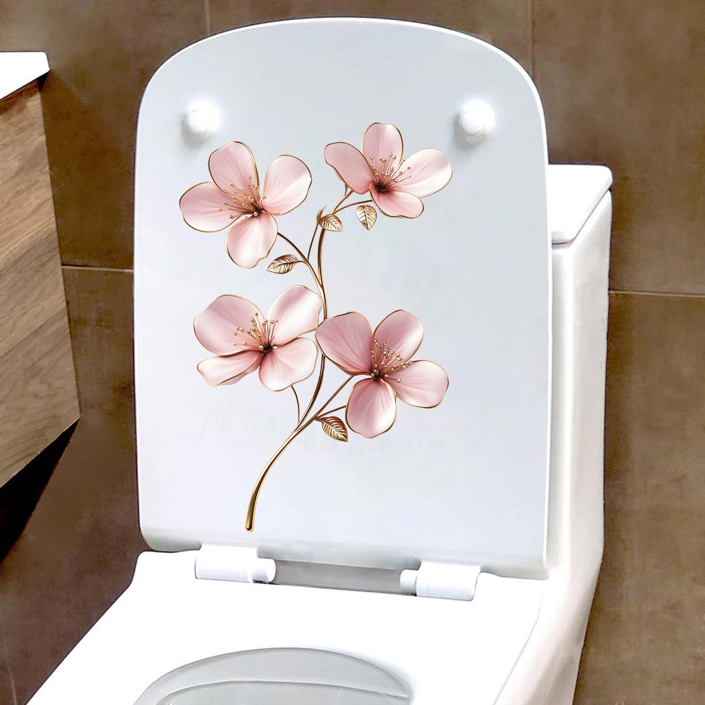 Light Luxury Style Golden-edge Pink Flower Toilet Stickers, Bathroom Wall Decorative Stickers