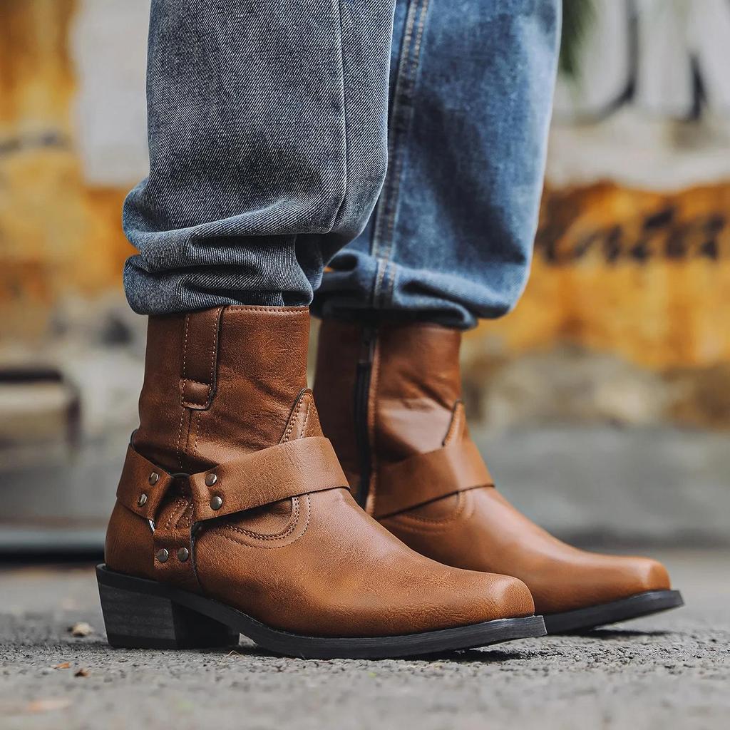 Knight Boots for Men Western Cowboy Boots Slip On Men's Leather Boots 2025 Wear-resistant Horseshoe Heel Social Shoes Male Botas