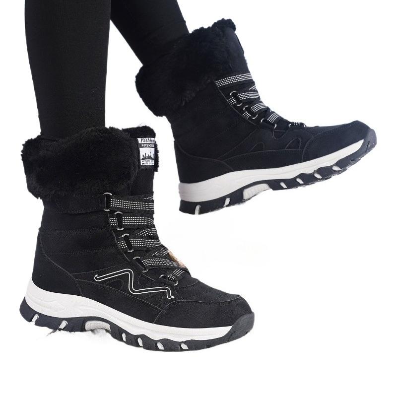 Women Mid-top Snow Boots Plush Warm Cotton Shoes Hook Loop Strap Non Slip Winter Outdoor Hiking Footwear Waterproof Upper
