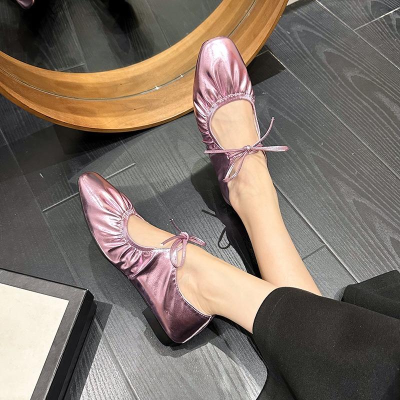 Fashion Ballet Flat Shoes Women's Square Head Shallow Mouth Single Shoes Light Casual Leather Shoe Lace-up Flats Mary Jane Flats