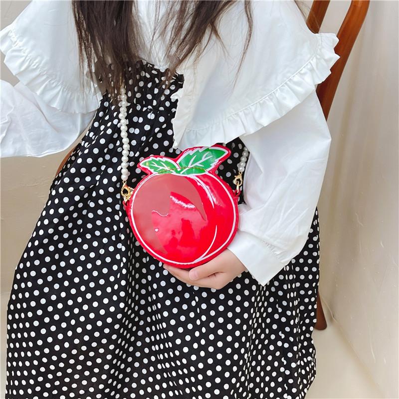 Peach Children Shaped Shoulder Bag Simulation Pearl Chain Casual Bag Crossbody