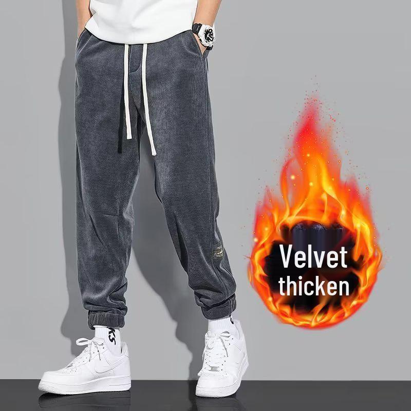 Men's Thickened Fleece-Lined Casual Pants, Drawstring Ankles, Loose Fit, Trendy Autumn/Winter 2023 Style.