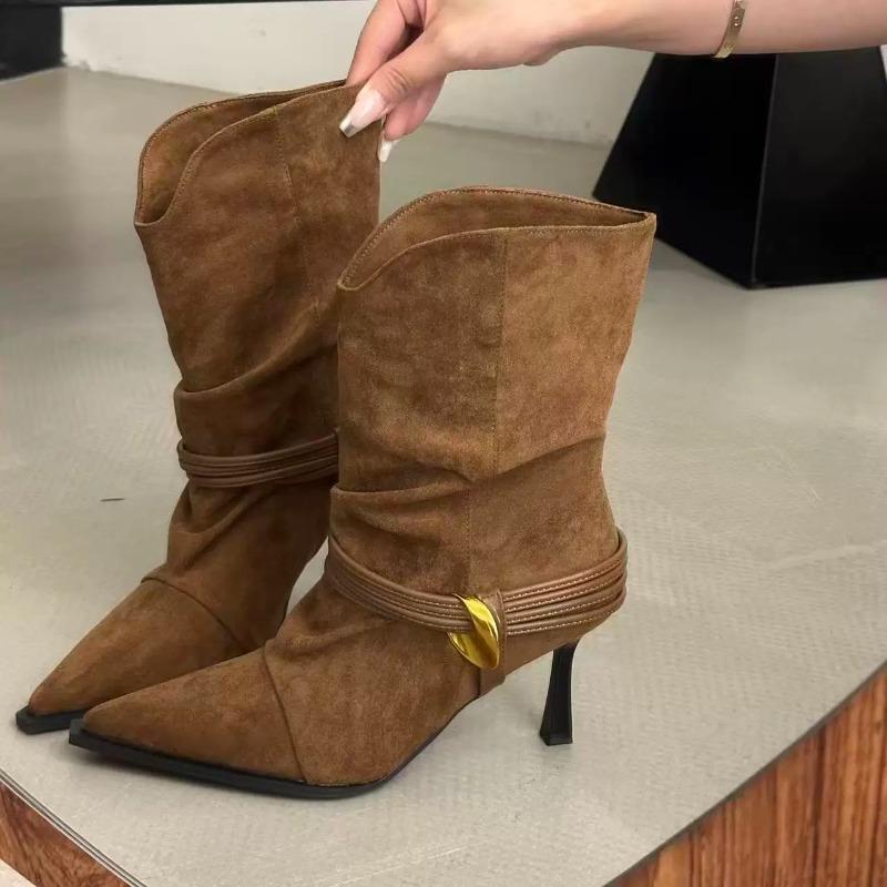 Stiletto Sleeve Mid-Leg Boots Fall New Pointed Toe Suede Metal Buckle Anti-Slip Wear-Resistant Pumps