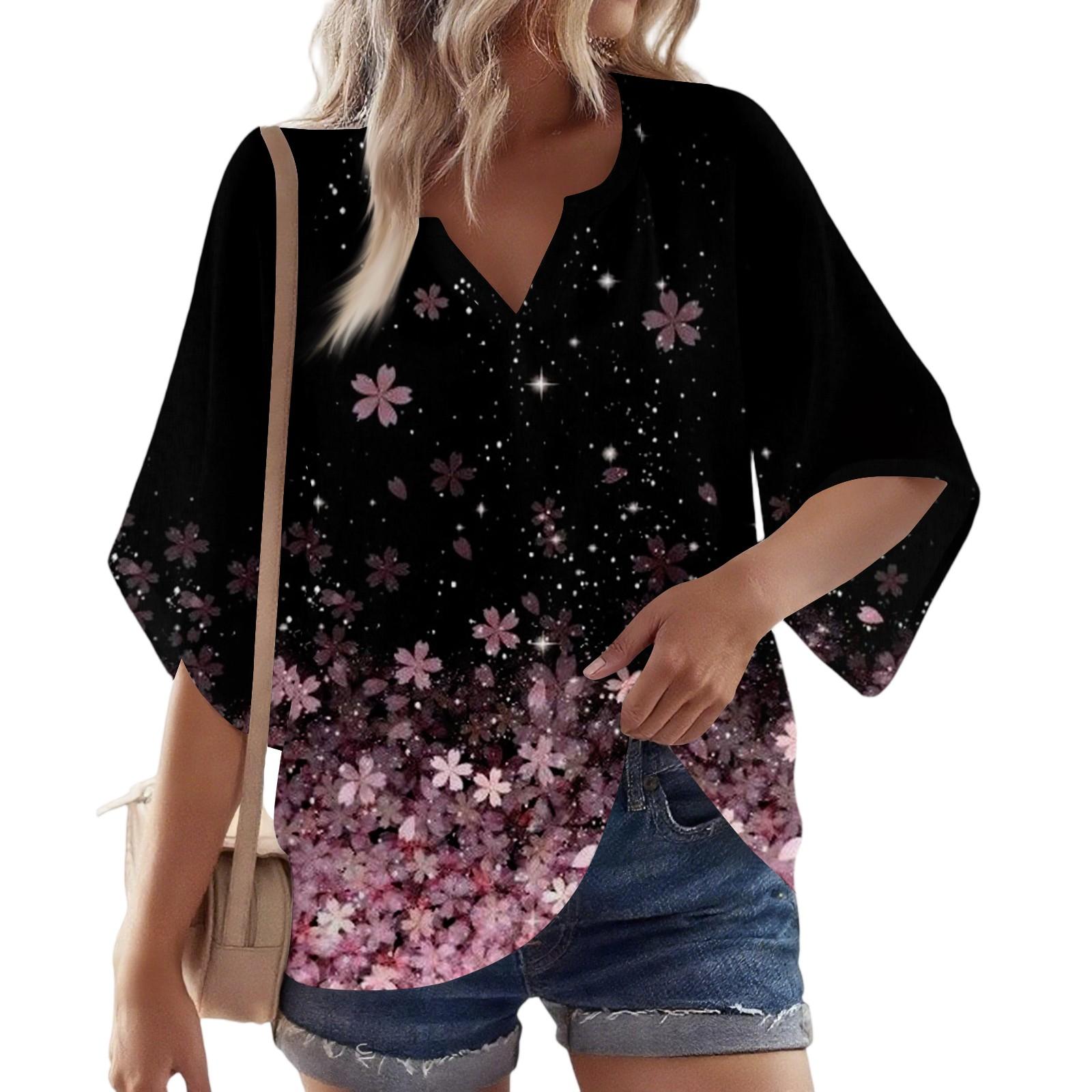 

Женская блузка с рукавом 3/4, V-образным вырезом и цветочным принтом, повседневная, свободная туника XL чёрный