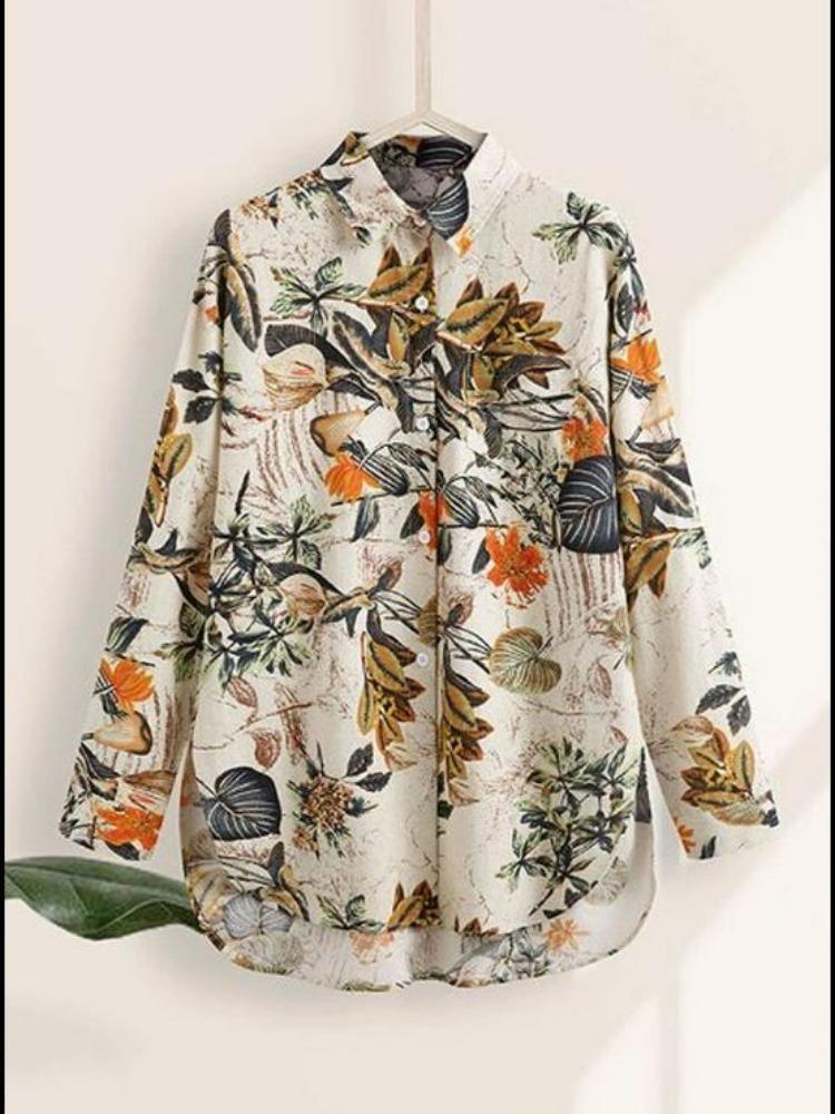 Comfortable Casual Loose Fit Blouse  Long Sleeve Printed Cotton Linen Top