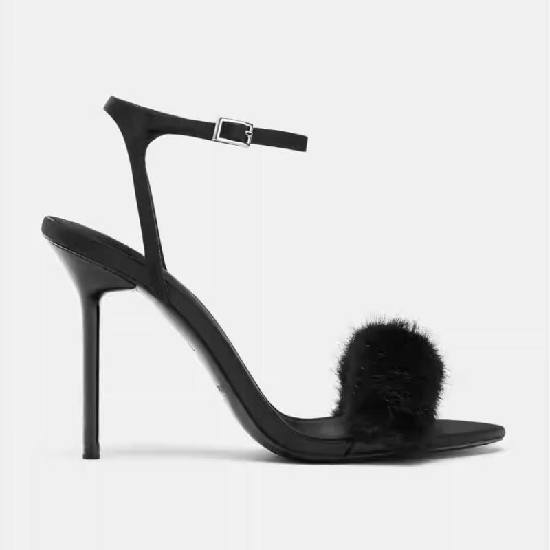 Sexy Black Fur Sandals Women Fluffy High Heels Stiletto Ankle Strap Open Toe Summer Party Shoes Ladies Nightclub Dress Pumps