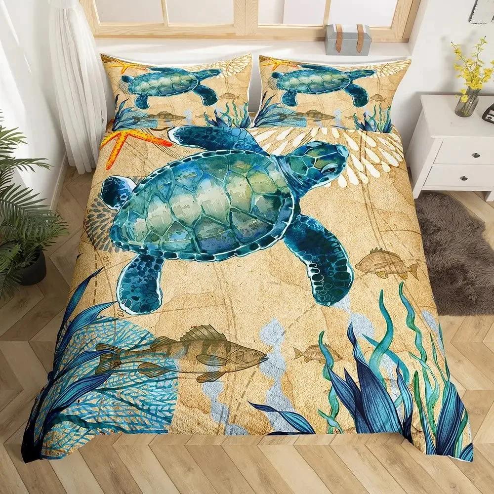 Sea Animals Duvet Cover Set Turtle Print Bedding Sets Queen Size 3D Gorgeous Luxury Comforter Cover Set Marine Life Quilt Cover