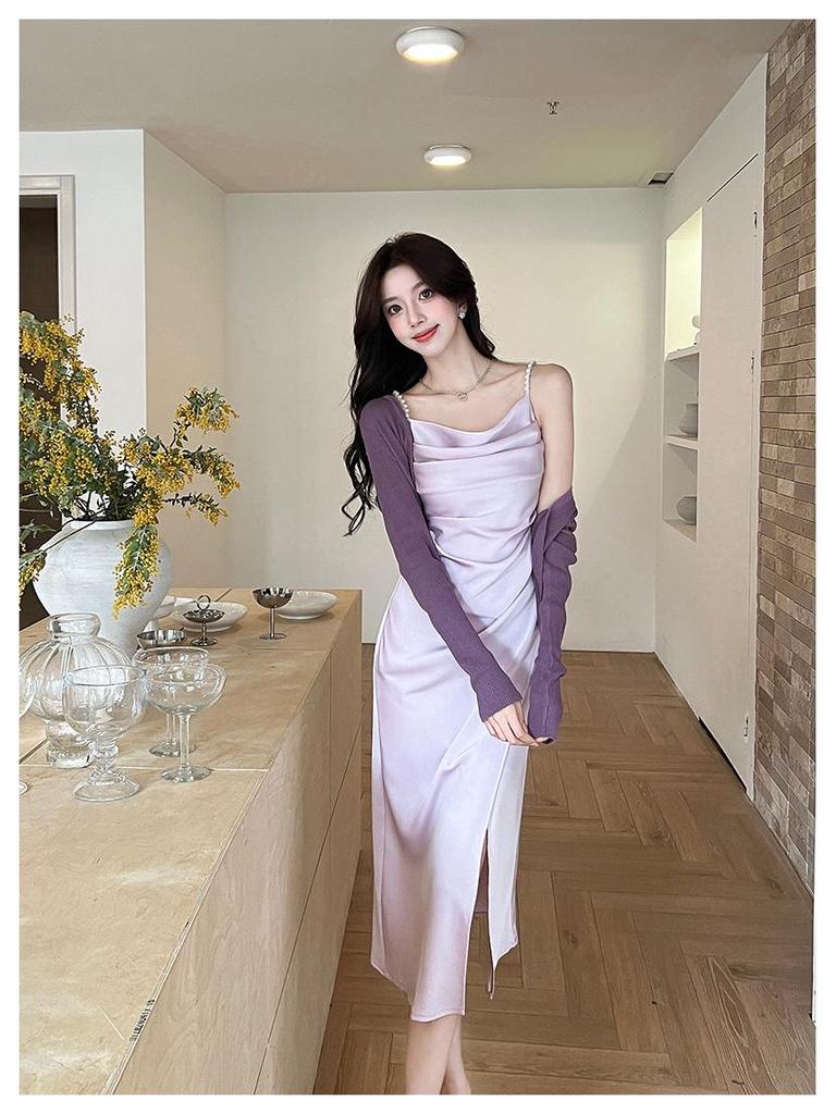 Elegant Summer French Satin Cowl Neck Spaghetti Strap Dress with Beaded Slit