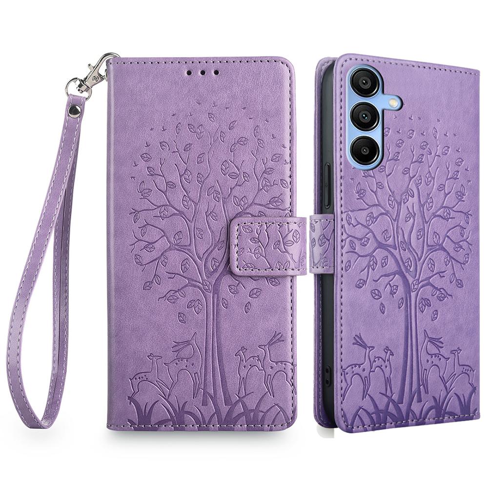 For Samsung Galaxy A15 4G/A15 5G Magnetic Case Imprinted Deer Tree Pattern Cover with Hand Strap