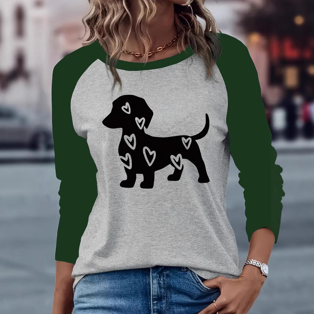 Top s kulatým výstřihem a 3D vzorem psa s nápisem Love - Ležérní dámské tričko s dlouhým rukávem - Měkká středně pružná polyesterová tkanina Jarní a podzimní oblečení volného střihu