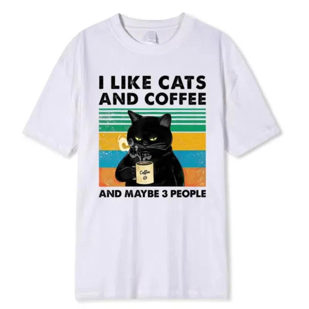 

I Like Cats And Coffee Funny Print T-Shirt Men Women Spring Summer Casual Loose Cotton Clothing Top Clothing 3XL