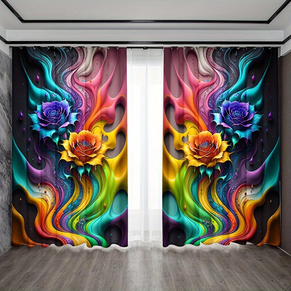 2pcs Elegant Lions And Romantic Rose Print Curtains For Home Decor For Bedroom Office Kitchen Living Room Study Decor Rod Pocket