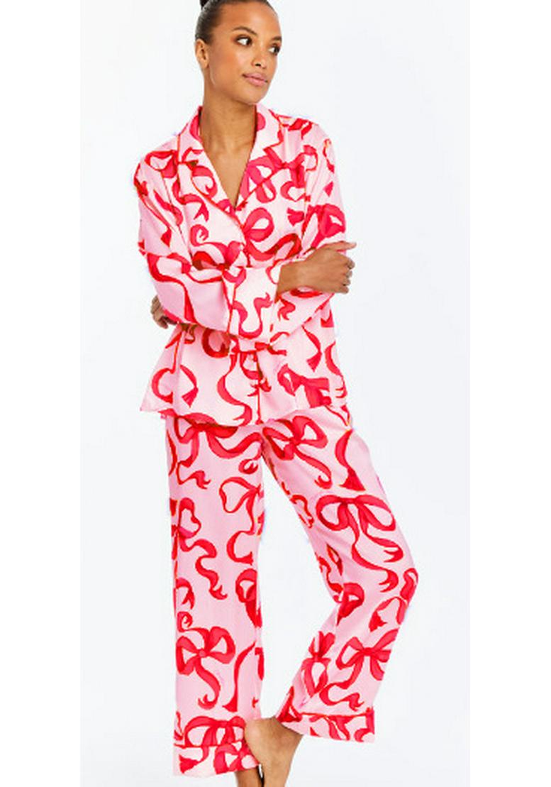 

2024 Pink Bow Fashion Casual Two-Piece Pajamas - European & American Autumn/Winter Style Medium цветочный/красный