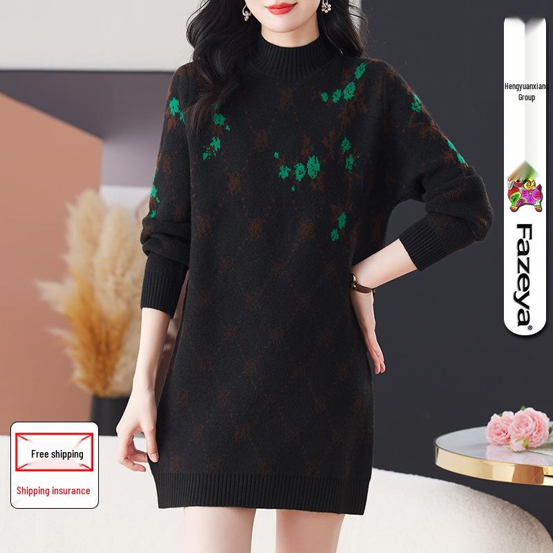 

Женский плотный жаккардовый трикотажный пуловер с полувысоким воротом Hengyuanxiang - Мода Осень/Зима Large [110] чёрный