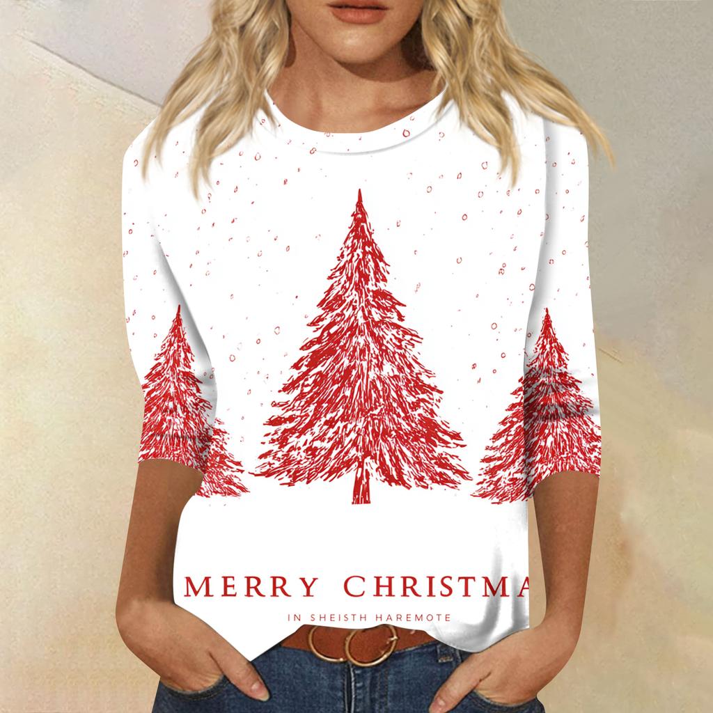Women's Fashion Casual Round Neck Three-quarter Sleeve Christmas Print T-shirt Top