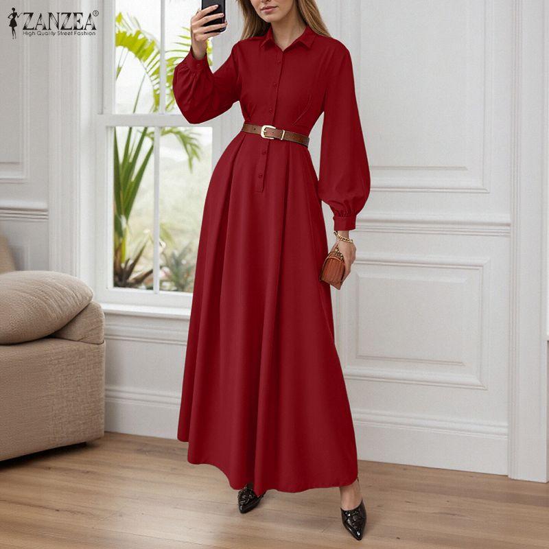 ZANZEA Dámské ležérní šaty s límečkem s volným dlouhým rukávem