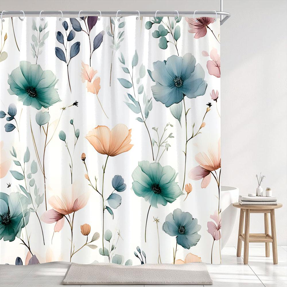 Simple Watercolour Floral Shower Curtain Blue Flower Yellow Grey Botanical Flower Polyester Fabric Shower Curtain Bathroom Decor