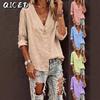 Women's Fashion Casual Solid Color Print Long Sleeve V Neck Blouses & Shirts