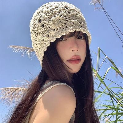 Printemps et Automne Scintillement Tissage Chapeau Tricoté en Laine pour Femme Fin Creux Fait Main Chapeau au Crochet pour Femme Chapeau d'Été Bandeau