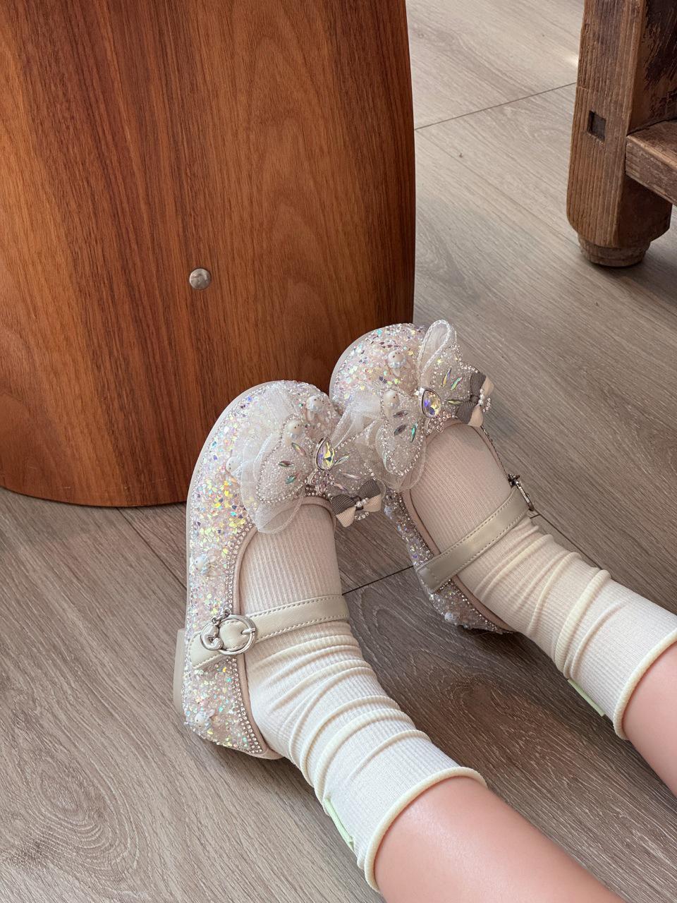 Girls  2026 Spring Princess Crystal Rhinestone Sequin Performance Leather Shoes 29 бежевый