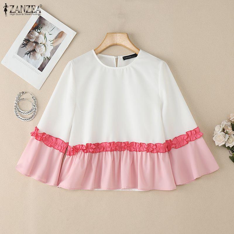 ZANZEA Damen Rundhals Patchwork 3/4 Ärmel Freizeitbluse