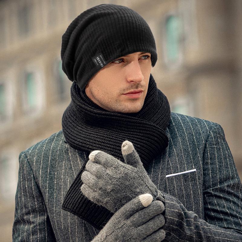 

Men’s Cross-Border Autumn/Winter Knitted Slouchy Hat: Warm, Thick, Plus Velvet Pullover Design. One Size/Flexible чорний