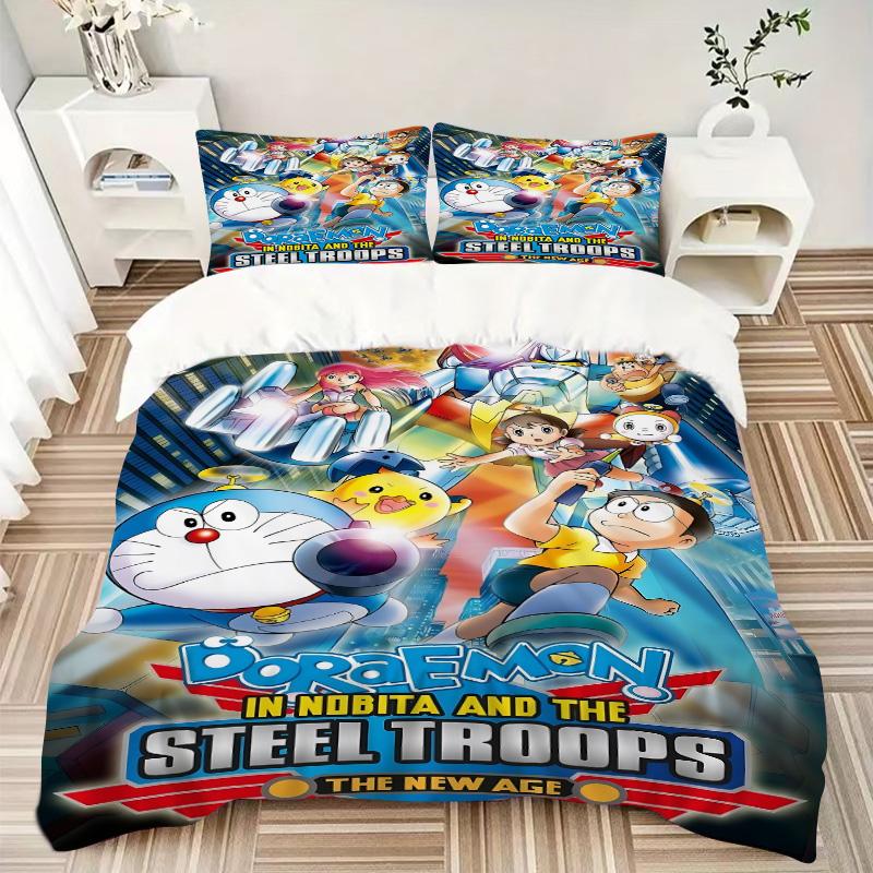 Doraemon Steel Troops Adventure Print 3Pcs Bedding Set,Duvet Cover with 2 Bedro,Pillowcase Home Birthday Gift