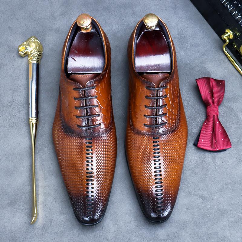 Fashion New 2025 Mens Wedding Shoes Brown Lace Up Luxury Genuine Leather Brand Handmade Fashion British Trend Style Man Dress Shoes