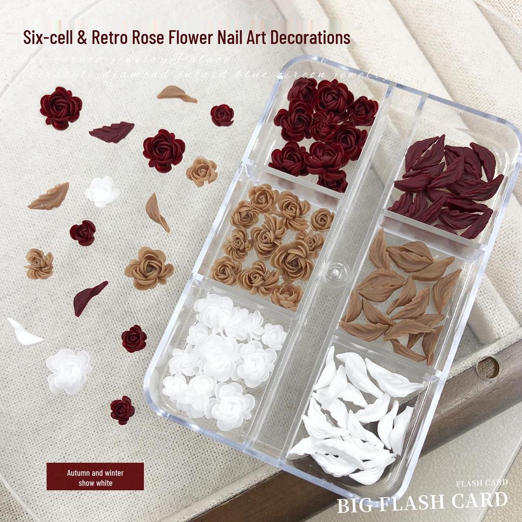 6-Kratek Rzeźbiony Różowy Nail Art: Sztuczne Kwiaty i Liście z Żywicy