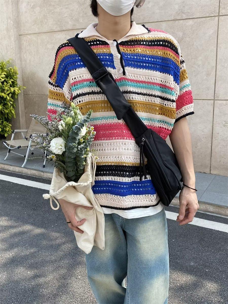 

Новый модный американский ретро-полосатый вязаный свитер с отворотом - свободный, повседневный топ на весну/лето L