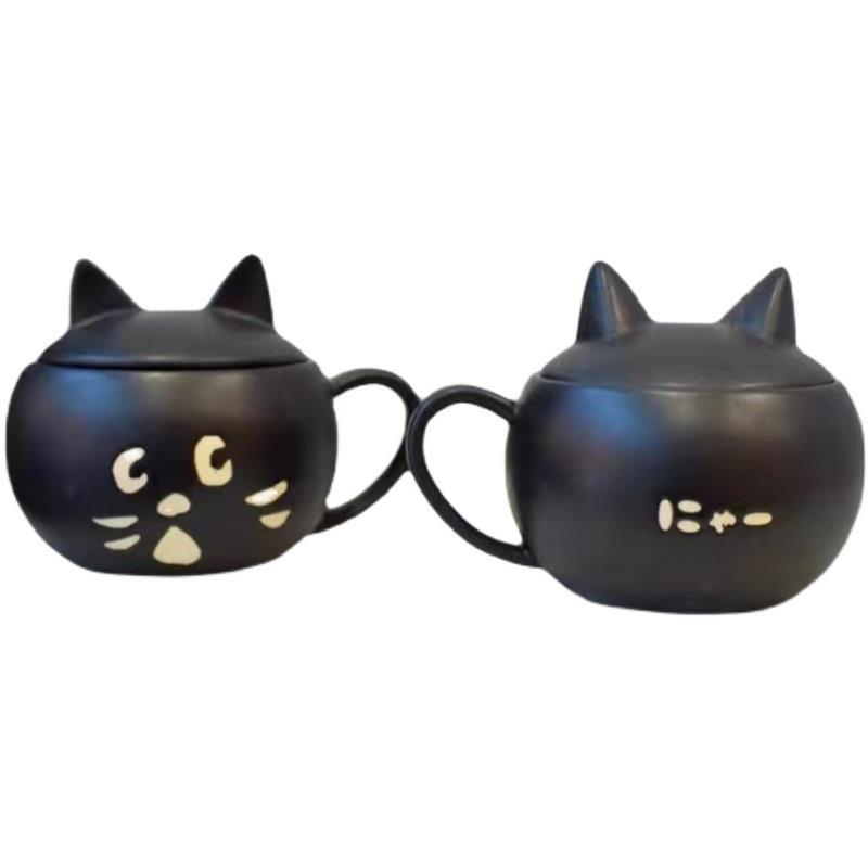 Überraschungskatze schwarz bedeckte Tasse aus Keramik für Zuhause, Paar, Kaffee, Milch, japanisches kreatives Geburtstagsgeschenk