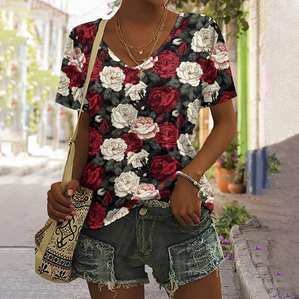 Summer Flower Rose 3D Print T-shirt Women Streetwear Casual T Shirts Y2k Tops Woman Harajuku V-Neck Tees Oversized Clothing