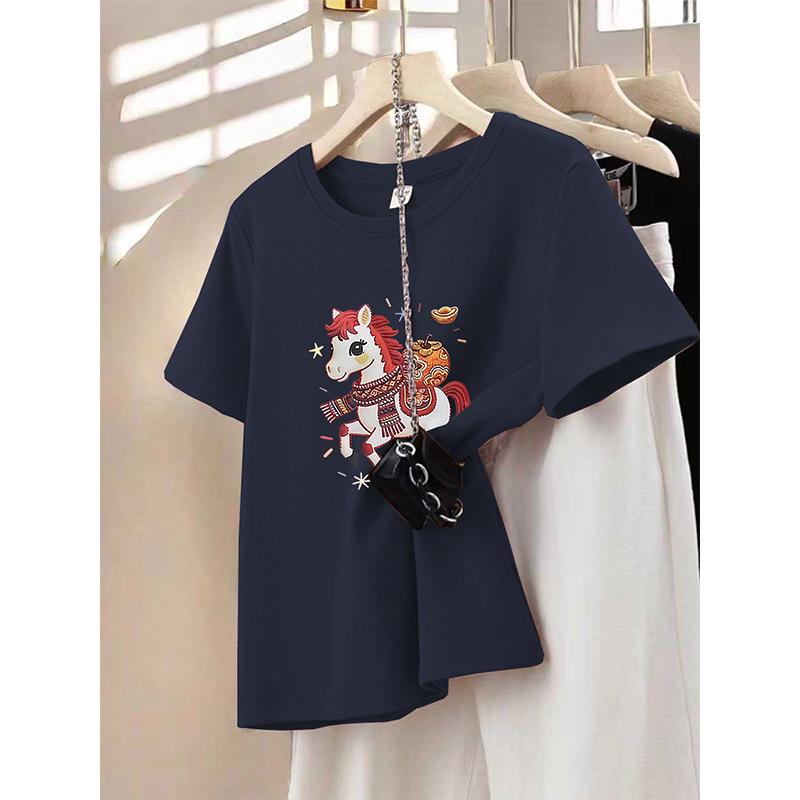 Crimson Year of the Rat Lucky Color Women's Thickened Round Neck Short Sleeve T-Shirt for Spring and Autumn