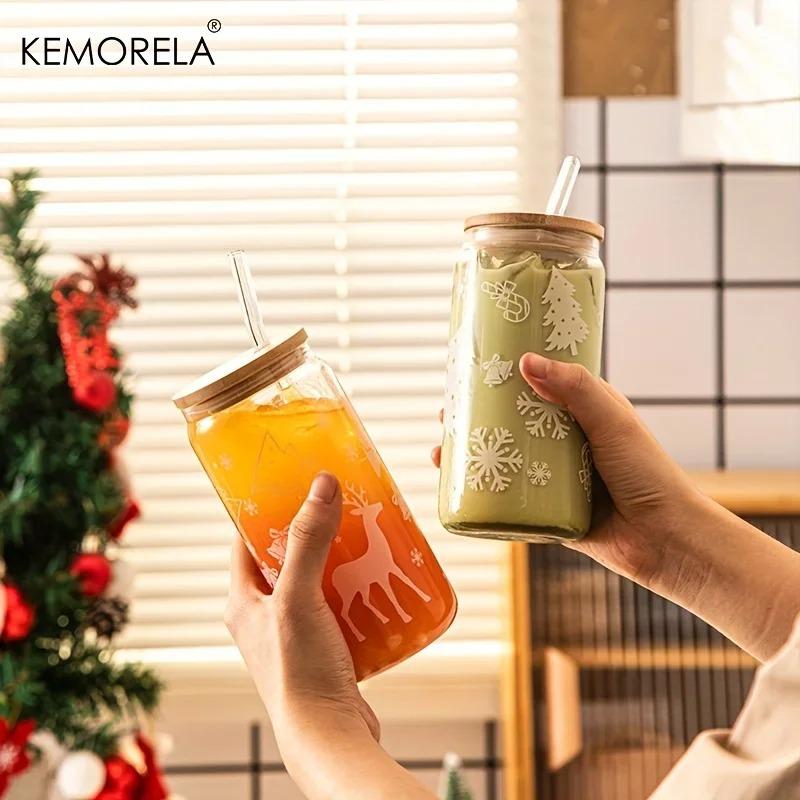 1/4PCS Christmas Glass Cup Beer Can Coffee Mug With Lid And Straw Xmas Tree Elk Tumbler 480ML Drinking Glassware Drinkware Gifts