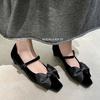 Soft and Comfortable Light-mouth Single Shoes 2025 Spring and Summer Retro Golden Velvet Square Head Bow with Mary Jane Shoes