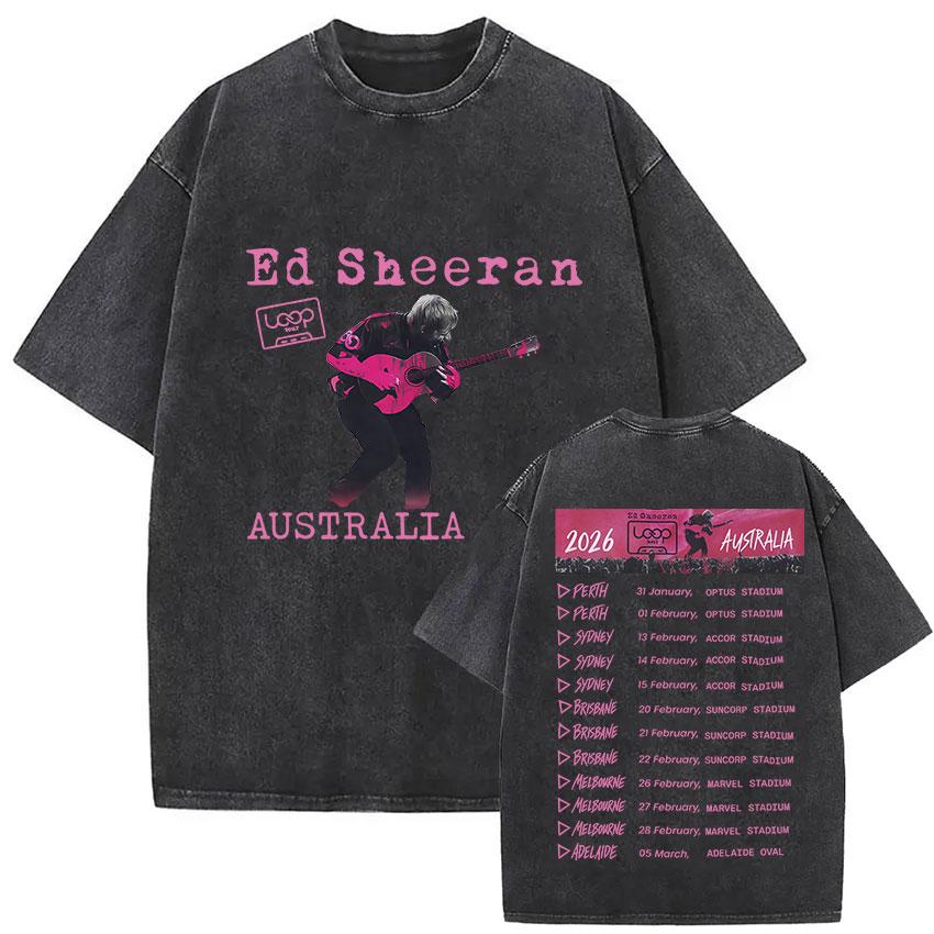 Vintage Washed Ed Sheeran Play Tour 2026 Pop Music TShirt Men Women Harajuku Fashion Fans Oversized T Shirt Hip Hop Streetwear