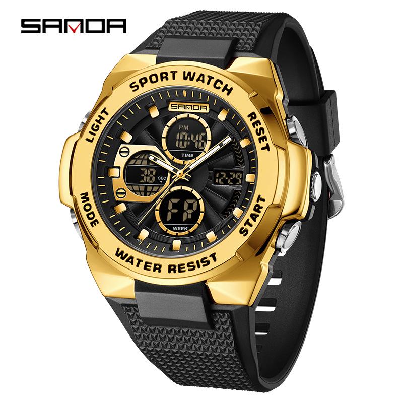 Sanda Men's Trendy Outdoor Sports Watch - Waterproof, Luminous, Multifunctional with Dual Display & Alarm.