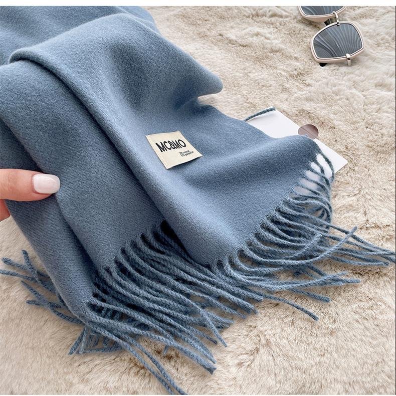 Bufanda de cachemira de imitación cálida para mujer con borlas de color liso para otoño e invierno