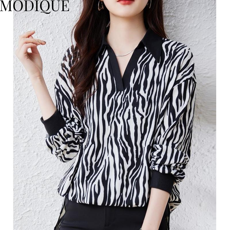 MODIQUE Frühling Sommer Übergröße Neue Damen Lose Vintage Zebrastreifen Bluse Shirts Weibliche Chiffon Casual Übergröße Langarm V-Ausschnitt Top