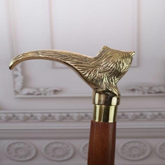 Nautical Handmade Solid Brass Cat Head Walking Stick Wooden Shaft Walking Cane for Men Women Canes, Total Length 93.98 cm