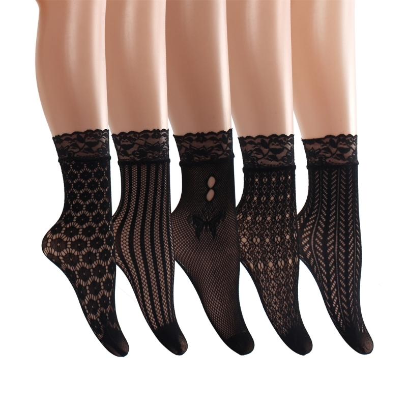 Breathable Fishnet Patterned Ankle Socks for Women Fashionable Hollowout Design with Lace Trim Short Crew Socks Hosiery